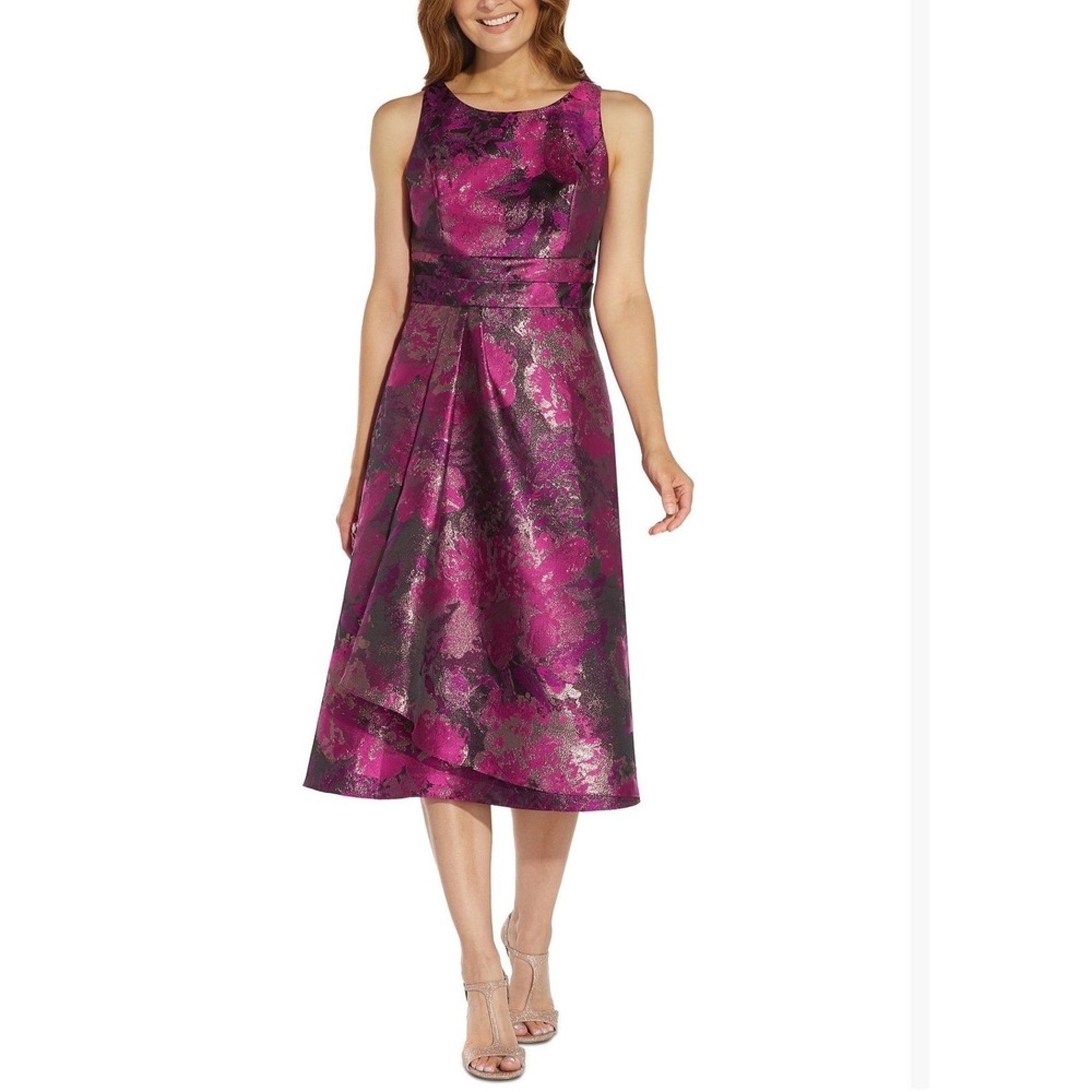 Adrianna Papell Womens Jacquard Fit & Flare Halter Dress Magenta/Gold Size 4 (A)